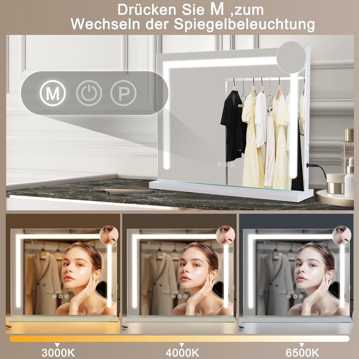 SCHMINKSPIEGEL Uxith 70/12/55 cm - Weiß, Glas/Metall (12/55/70cm) - ZMH