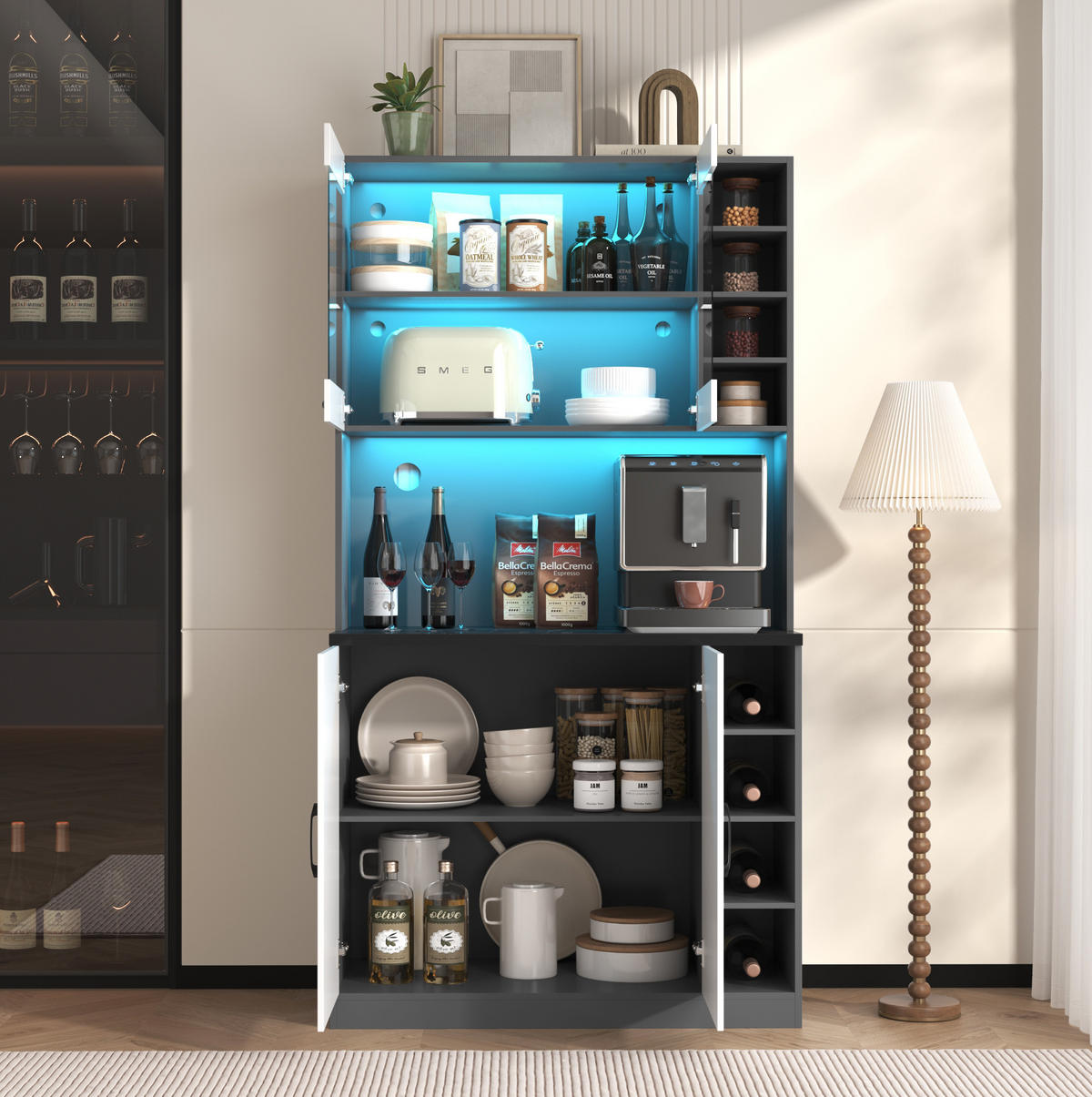 KÜCHENSCHRANK mit LED 100 x 47 x 187 cm MDF Weiß/Grau 3-türig - Weiß, Holzwerkstoff (47/187/100cm) - Meubliv