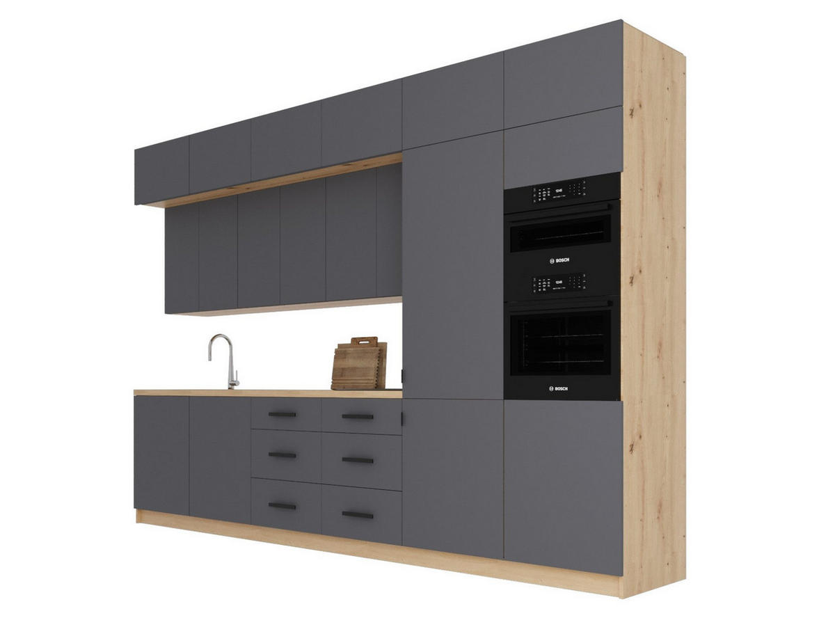 KÜCHENZEILE 360 cm - Nexa K72-G360-R - in Grau / Matt - Schwarz/Grau, Holz/Metall (360/212/58cm) - ROYAL24_MARKT