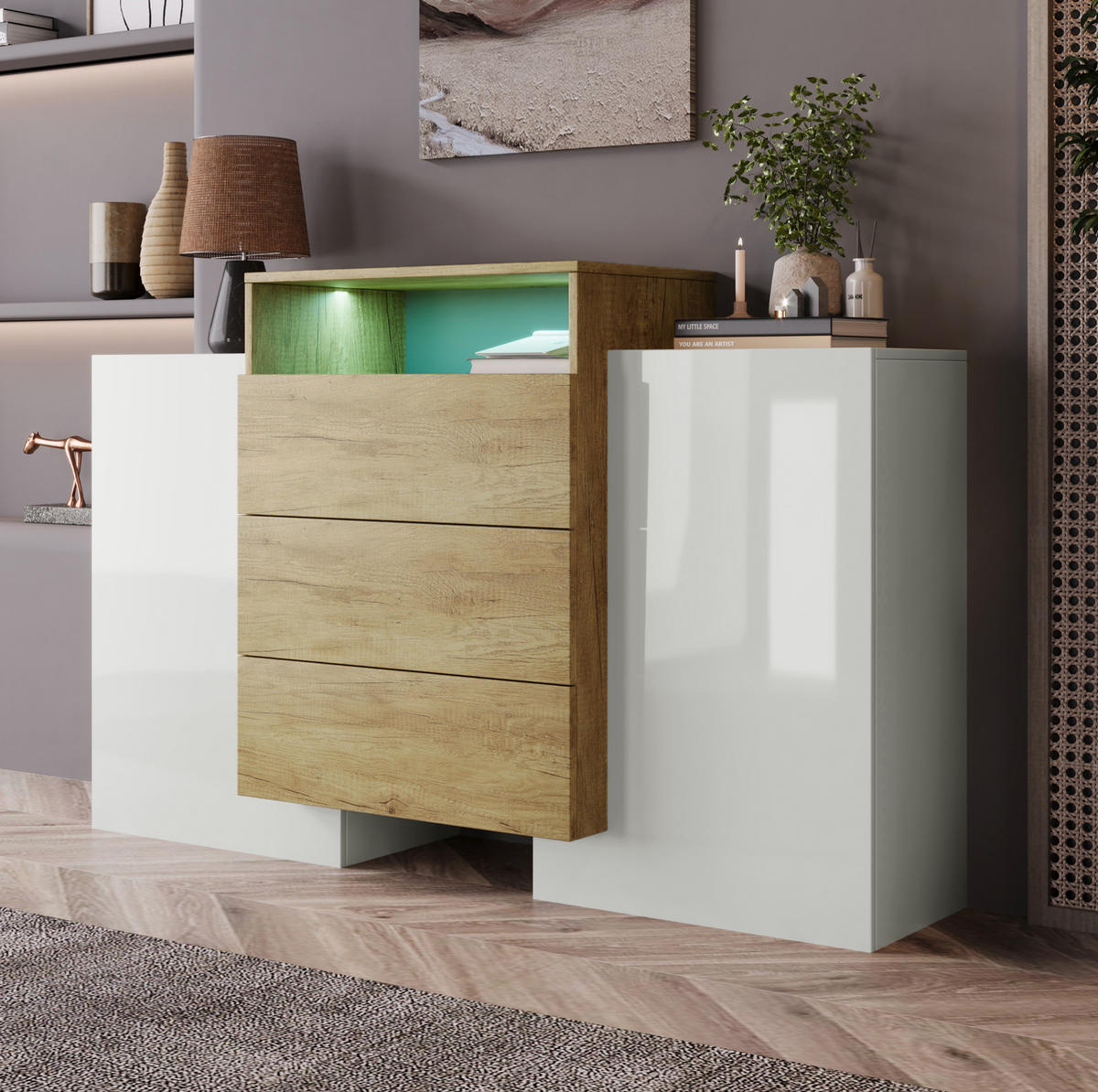 KOMODA z MDF, 140/30/77,5 cm bílá a přírodní, s LED osvětlením - přírodní, kompozitní dřevo (140/77/30cm) - BEAOK