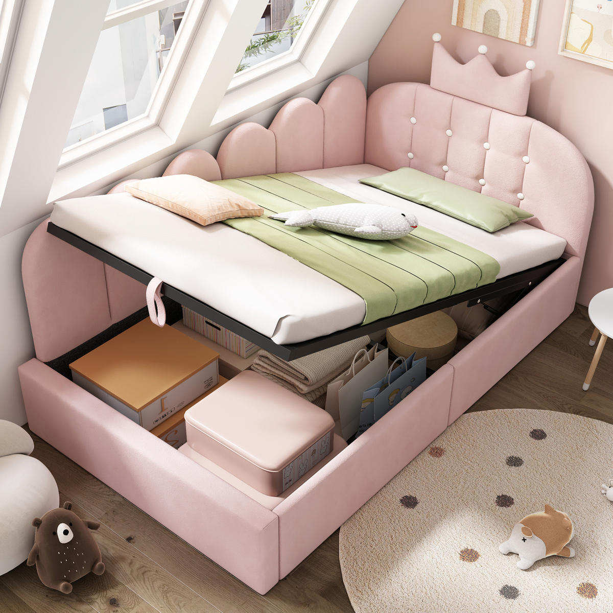SAMT-POLSTERBETT 90/200 cm in Rosa mit Bettkasten und gepolstertem Kopfteil - Rosa, Holz (90/200cm) - BEAOK