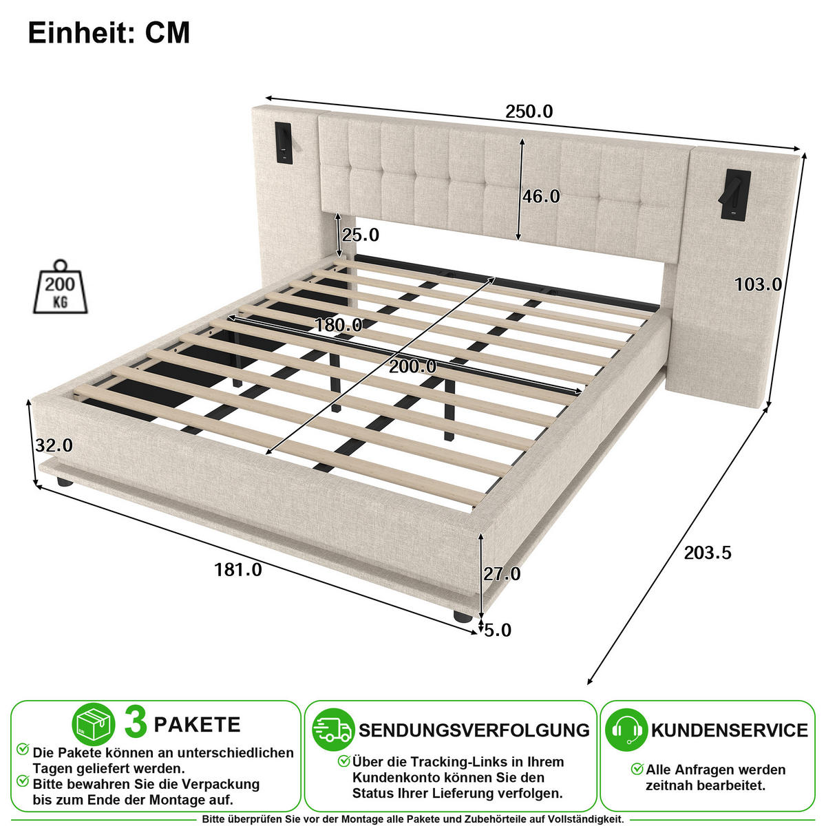 POLSTERBETT 180/200 cm in Beige mit LED, Spot und USB Leinen - Beige, Holzwerkstoff/Textil (180/200cm) - CHICFURN