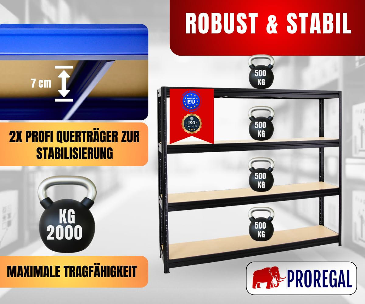SCHWERLASTREGAL Dino 180x200x45 cm Fachlast 500 kg Schwarz - Schwarz, Metall (200/180/45cm) - PROREGAL
