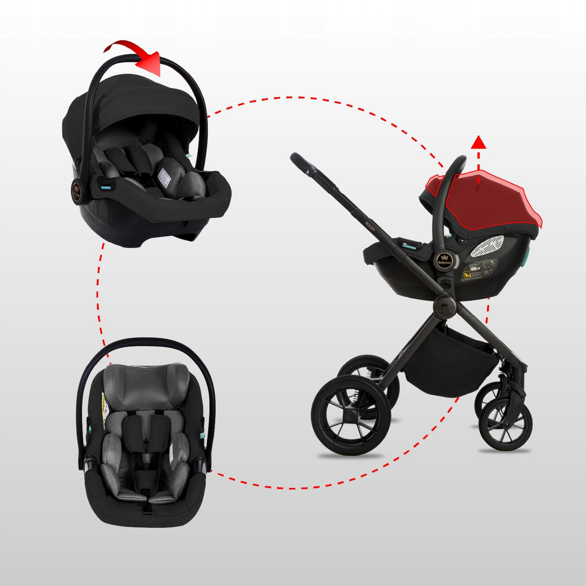 KINDERWAGEN Boldo 3in1 Schwarz Babywanne, Buggy Sportsitz, Babyschale I-Size - Schwarz, Textil/Metall (58/98cm) - BabyLux