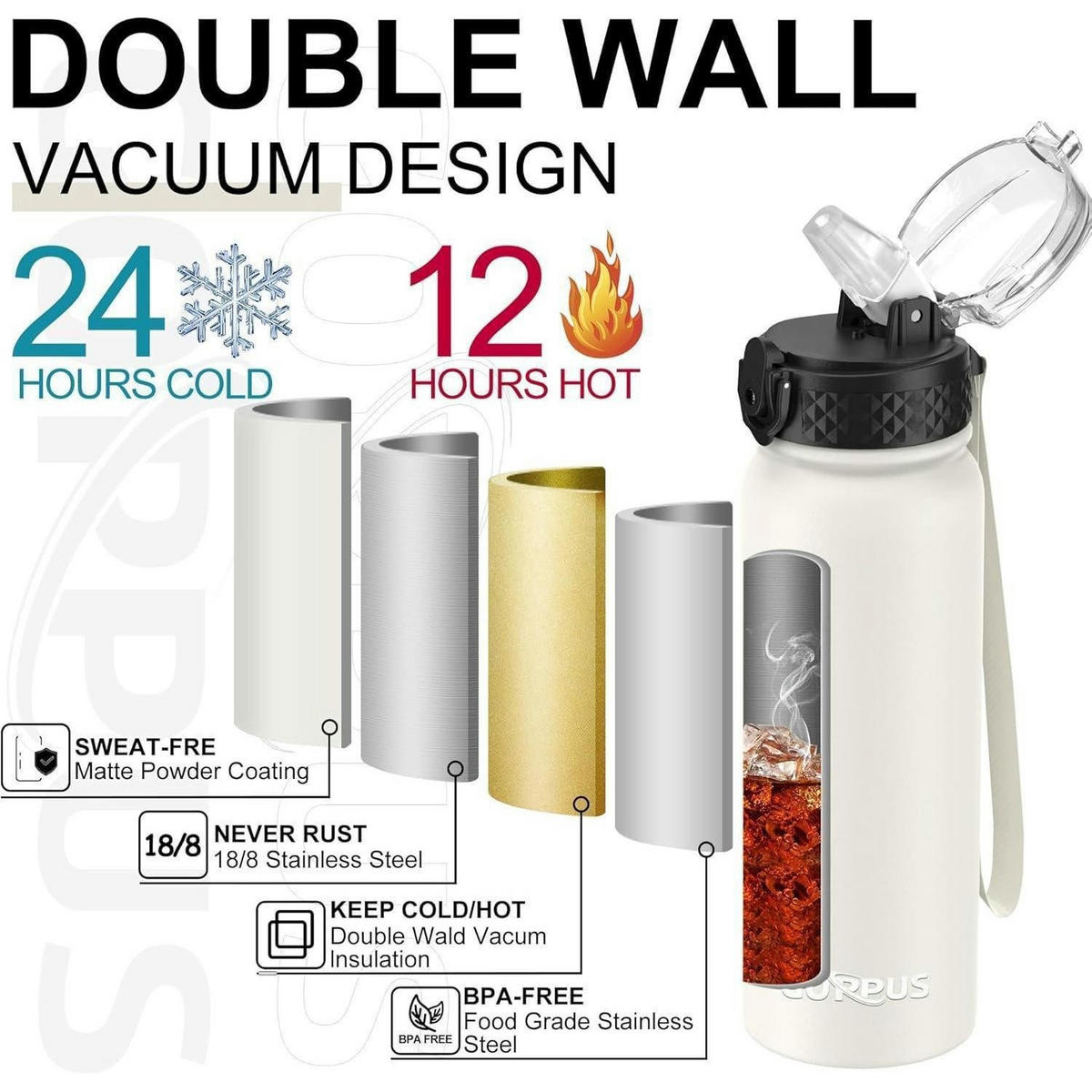TRINKFLASCHE Edelstahl 600 ml Beige mit Strohhalm - Weiß, Metall (7/7cm)