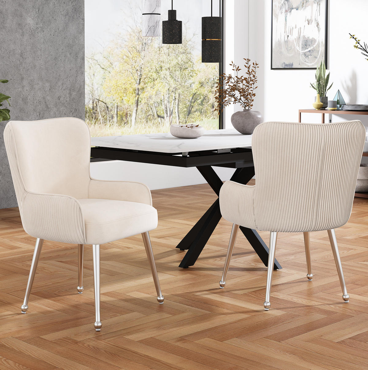 STUHL 6er-Set mit Armlehnen Samt Beige Metallbeine - Beige, Metall (53/83/57.2cm) - Meubliv