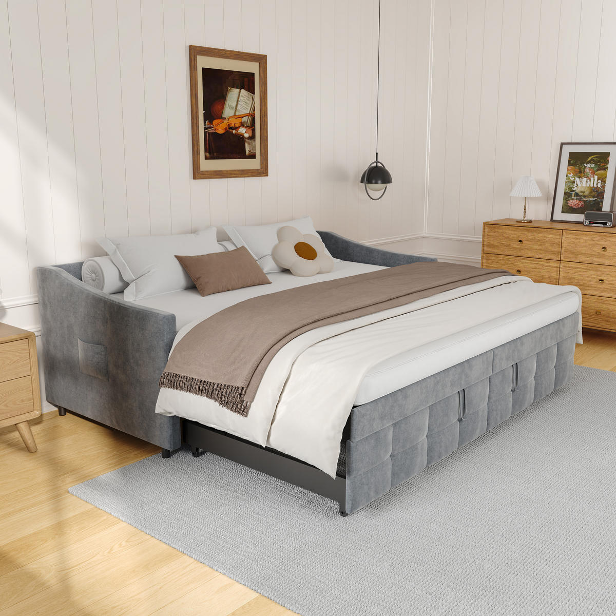 SCHLAFSOFA 90x200cm grau samt hydraulik seittaschen - Grau, Holzwerkstoff (90/200cm) - SHOPENTRA