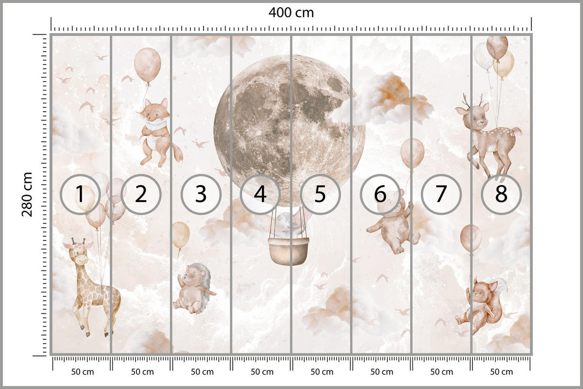 FOTOTAPETE für Kinderzimmer Mond Ballons Bär Rehkitz Giraffe Wolken 400x280 - Beige/Rosa, Papier (400/280cm) - Muralo