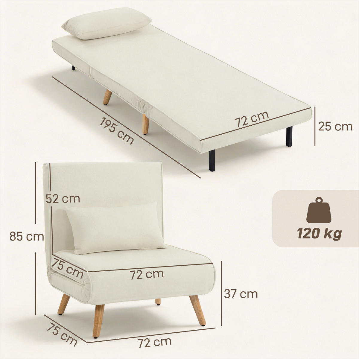 SCHLAFSESSEL 3-in-1 DE-14675 5-stufig verstellbar mit Kissen Creme - Creme, Textil (72/85/75cm) - ComfortXL