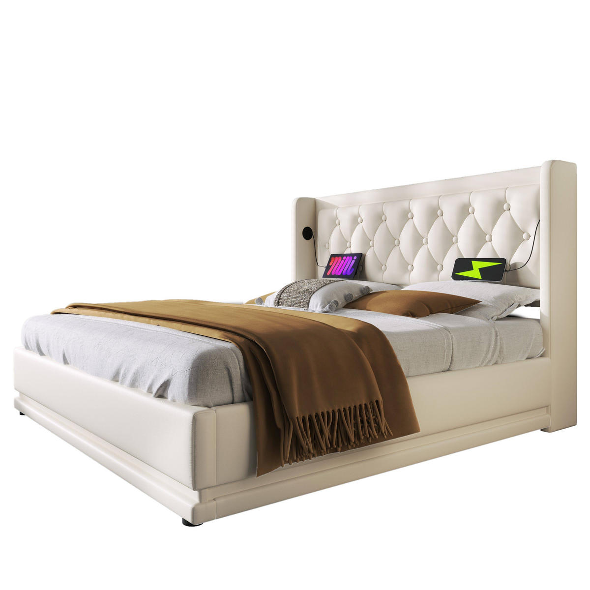 POLSTERBETT 160/200 cm Weiß PU mit hydraulischem Stauraum und USB-C-Anschlüssen - Weiß, Kunststoff (160/200cm) - OKWISH