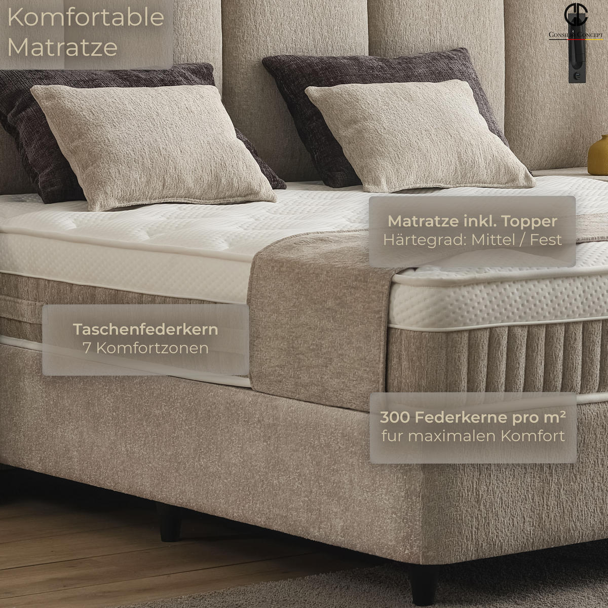 BOXSPRINGBETT MIT BETTKASTEN DAVIS 180/200 cm, Helltaupe, mit Leuchten, Bettkasten, Matratze, Topper integriert, H3 mittel - Taupe/Schwarz, Holz/Kunststoff (180/200cm) - Consilio Concept
