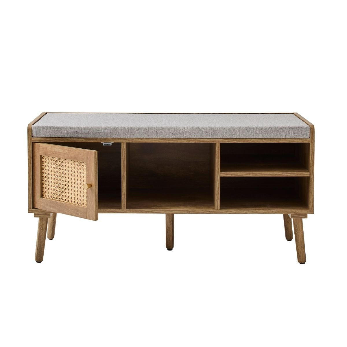 SCHUHBANK 1 Tür mit Rattanfront und 3 offenen Fächern L100 cm 39/100/49 cm - Eschefarben, Holzwerkstoff (46/49/39cm) - Calicosy