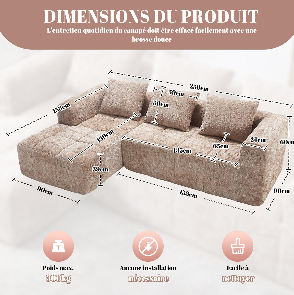 ECKSOFA L-Form 3-Sitzer mit Chaiselongue und Armlehnen Chenille khaki 250/158/60 cm - Naturfarben, Textil (250/158cm) - OKWISH