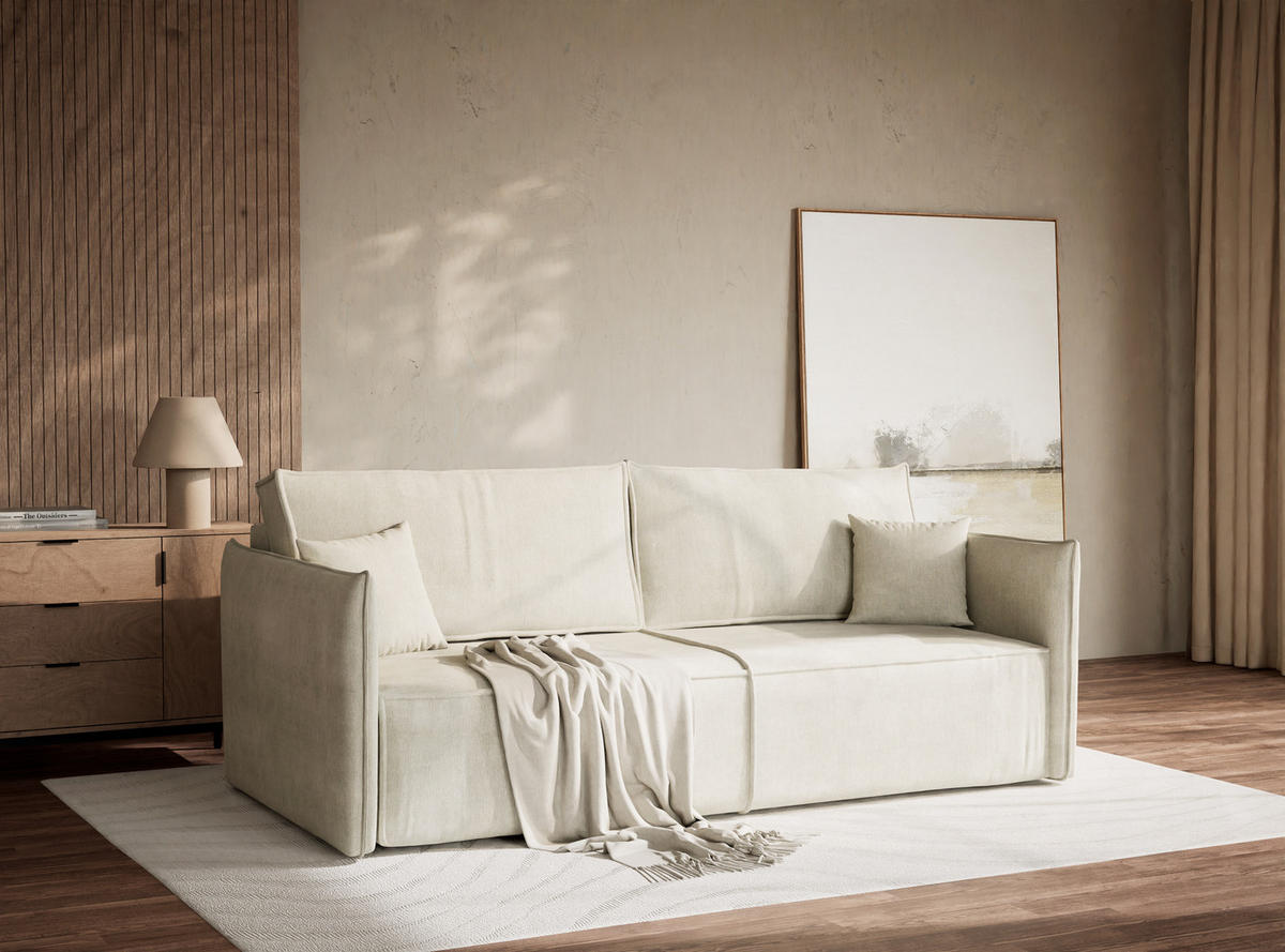 SOFA MIT SCHLAFFUNKTION Obra Creme Chenille-Stoff - Creme/Schwarz, Holz/Holzwerkstoff (220/70/107cm) - Maison de Reve