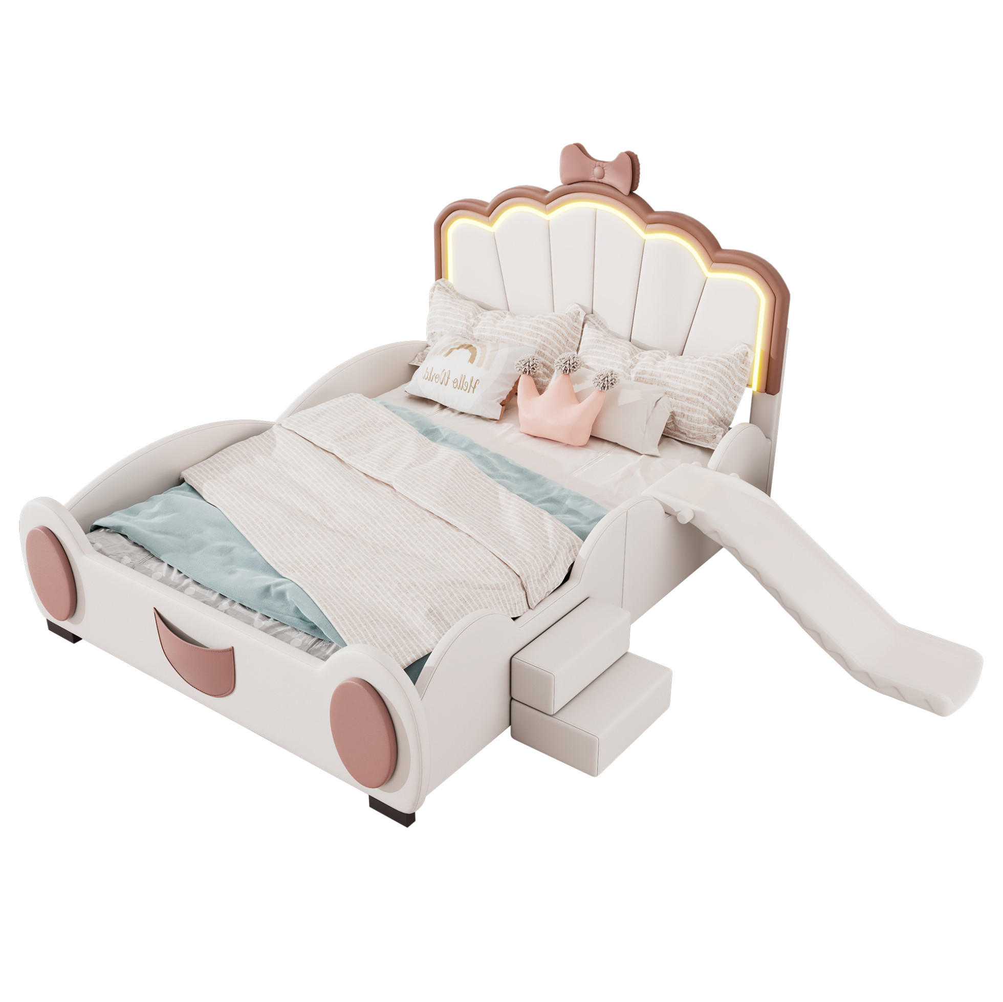 KINDERBETT 140/200 cm Schmetterlingsbett rosa + weiß mit LED-Beleuchtung und Rutsche - Rosa, Kunststoff (140/200cm) - OKWISH