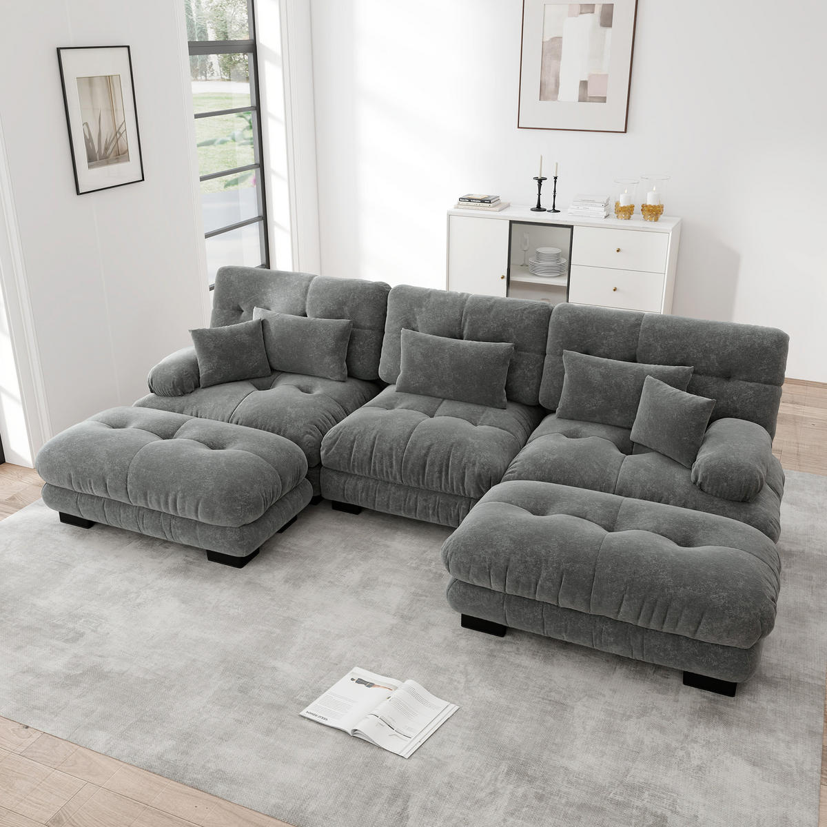 WOHNLANDSCHAFT Chenille Grau mit Ottomanen - Grau, Textil (313/81/145cm) - WISHDOR