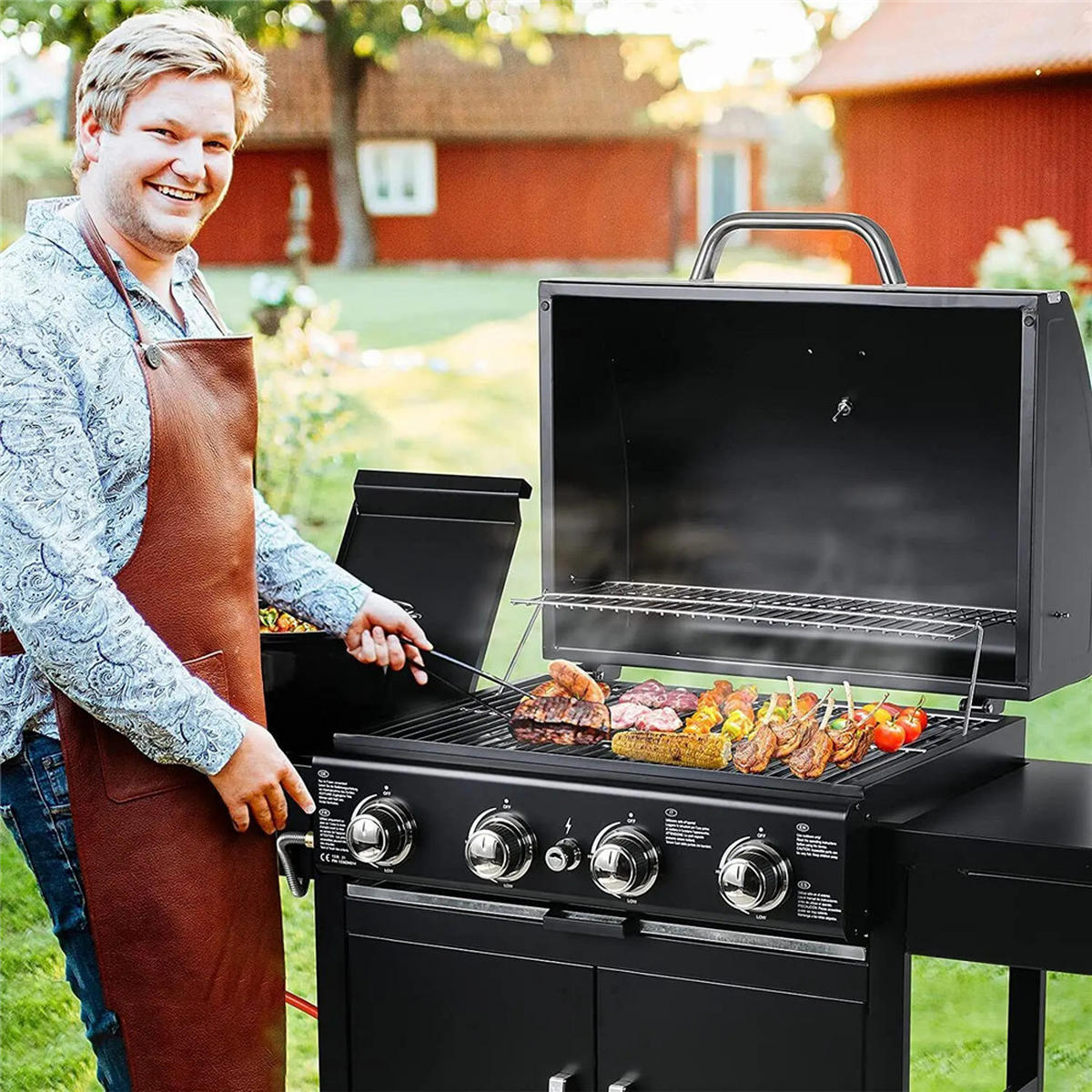 GASGRILL Grillwagen 4 Brenner mit Thermometer, Schwarz - Schwarz, Metall (133/76/42cm) - Kaket