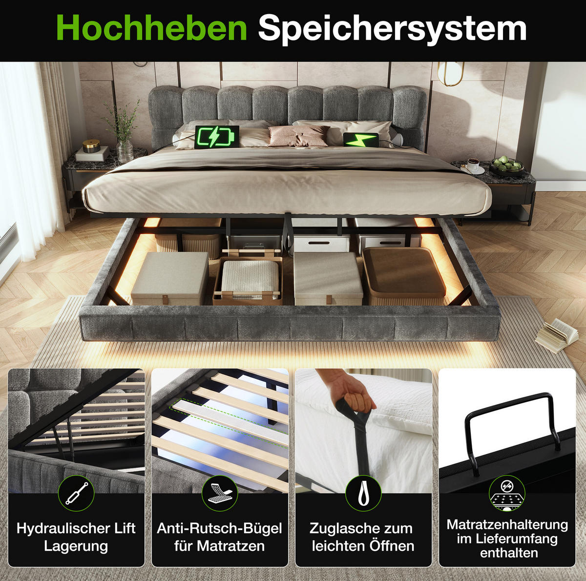 POLSTERBETT aus Chenille 140x200 cm Grau mit hydraulischem Bettkasten, LED und USB-C-Anschluss - Grau, Textil (140/200cm) - Modfu