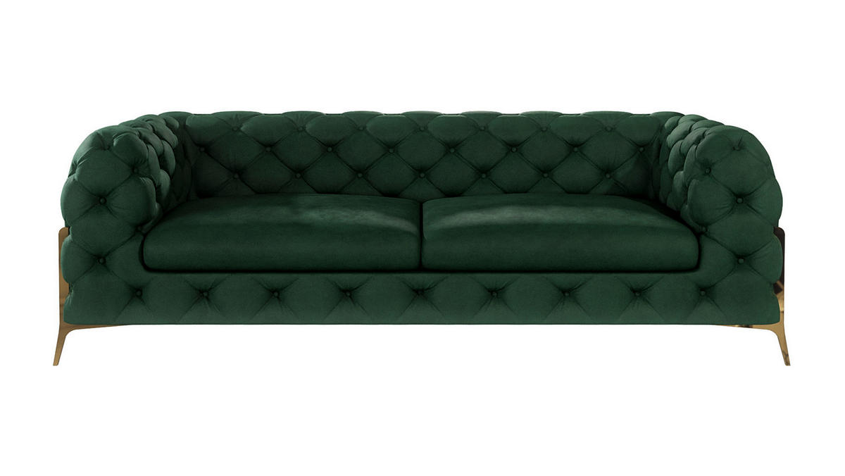CHESTERFIELD-SOFA 3-Sitzer Lexi Flasche Grün Samt - Smaragdgrün/Goldfarben, Holz/Textil (225/75/100cm) - S-Style Möbel