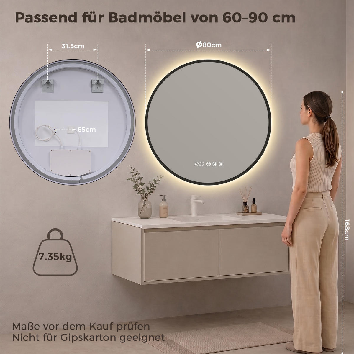 BADSPIEGEL mit Beleuchtung 80 cm rund schwarz mit Aluminiumrahmen, LED dimmbar und Antibeschlag - Schwarz, Glas (80/80/3.3cm) - S'AFIELINA