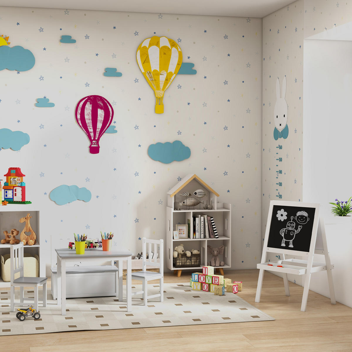 KINDERSITZGRUPPE DE-17498 4-teilig mit Stauraumbank Weiß/Grau - Grau, Holzwerkstoff (59/46/77cm) - ComfortXL