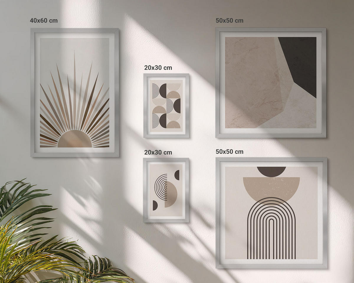 BILDER SET 5er Set - 50x50 cm & 20x30 cm & 40x60 cm Silberner Rahmen - Abstrakte beige und braune Formen - Silberfarben, Kunststoff (40/60cm) - TULUP