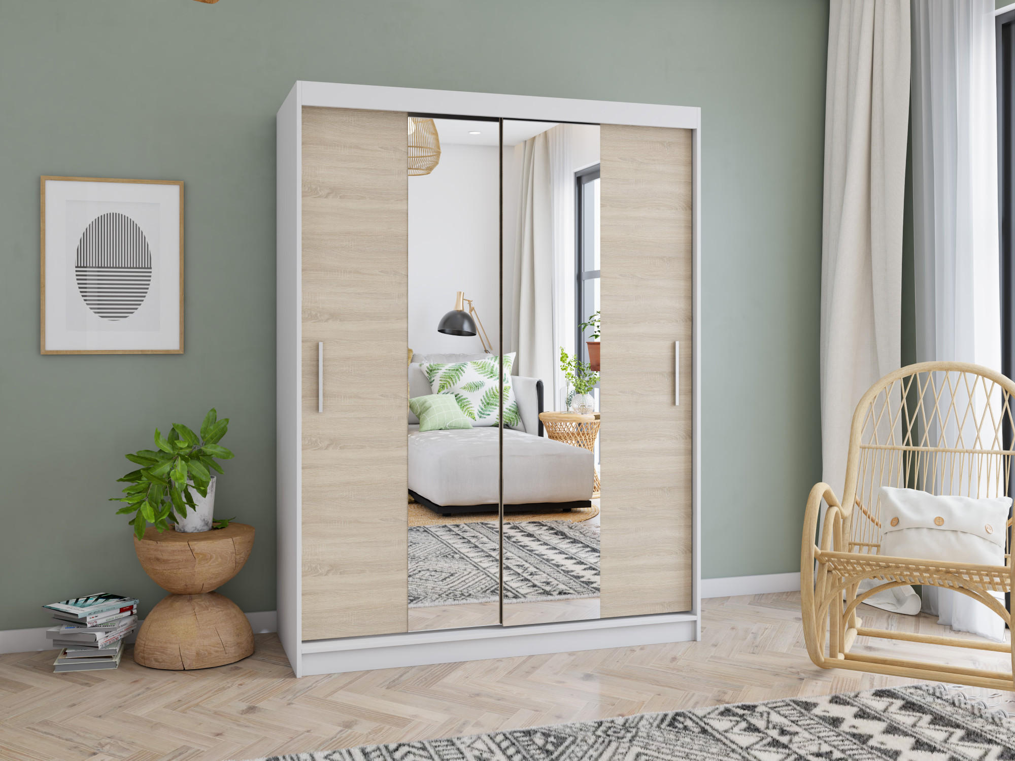 SCHWEBETÜRENSCHRANK 150/200/61 cm 2-türig Vista 01 Weiß/Sonoma Eiche - Alufarben/Weiß, Glas/Holzwerkstoff (150/200/61cm) - imoebel24