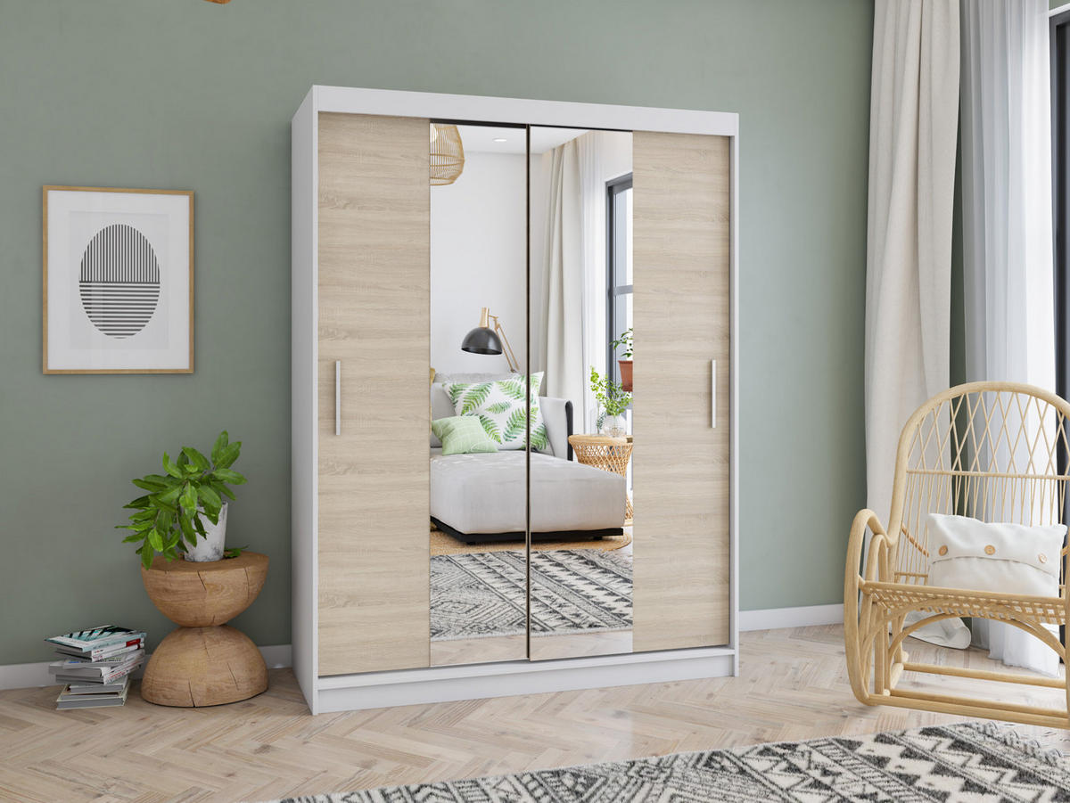SCHWEBETÜRENSCHRANK 150/200/61 cm 2-türig Vista 01 Weiß/Sonoma Eiche - Alufarben/Weiß, Glas/Holzwerkstoff (150/200/61cm) - imoebel24