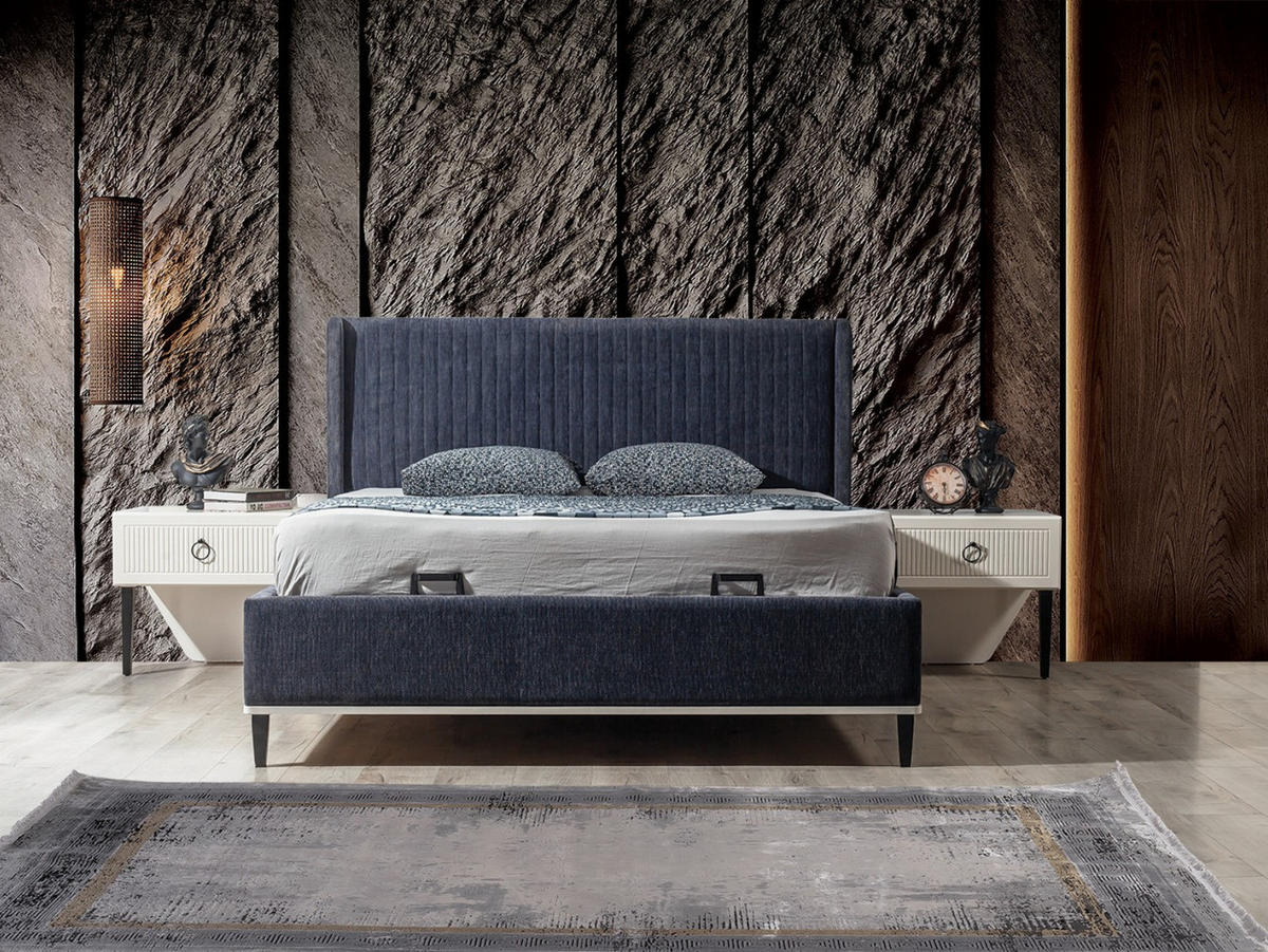 BETTANLAGE SAVANA Schlafzimmer-Set, 5-teilig, Schwarz, Bett mit Kopfteil, 2 Nachttische, Kleiderschrank und Kommode - Schwarz, Holzwerkstoff (160/200cm)
