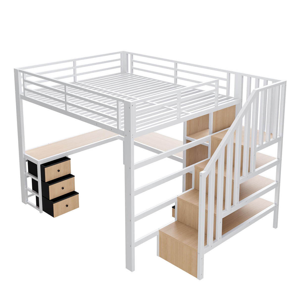 HOCHBETT 140/200 cm aus Metall mit LED, Schreibtisch, Stauraumtreppe, 4 Schubladen und Ablagefach, Weiß - Weiß, Metall (140/200cm) - Redom