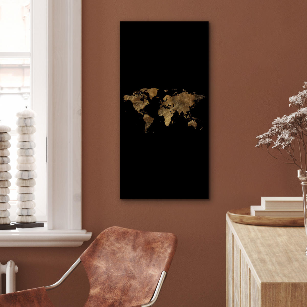 KOVOVÝ OBRAZ Mapa sveta - Zlato - Luxus - Zem - Čierna 40x80 cm - zlatá, kov (40/80cm) - MuchoWow