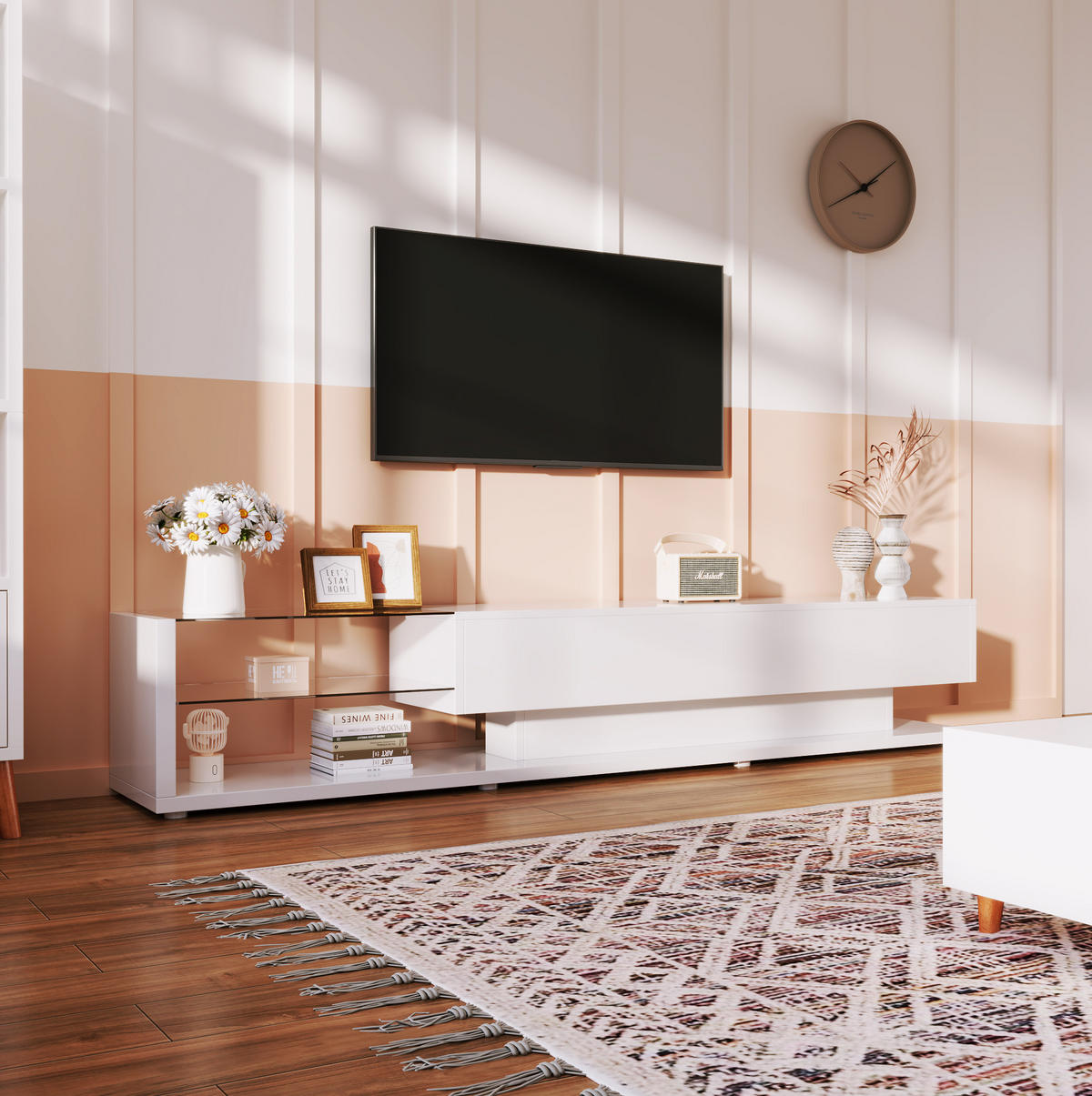 TV-LOWBOARD aus Spanplatte 170x38x36 cm Weiß Hochglanz mit LED-Beleuchtung, 2 Schubladen und Glasböden - Weiß, Holzwerkstoff (170/38/36cm) - Modfu