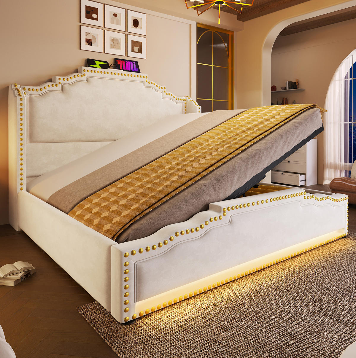 POLSTERBETT 140/200 cm mit hydraulischem Bettkasten, LED & USB/USB‑C, Samt Beige - Beige, Textil (140/200cm) - Redom
