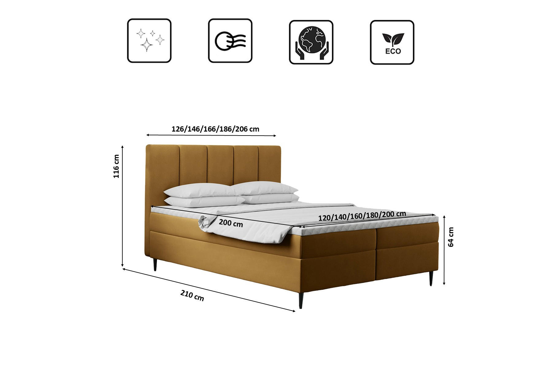 Thumbnail - Kaiser Möbel Boxbett, Gelb, Textil, H3, Höhe ca. 20 cm, einzeln stellbar, eckig, 120x200 cm, Schlafzimmer, Betten, Boxsp...