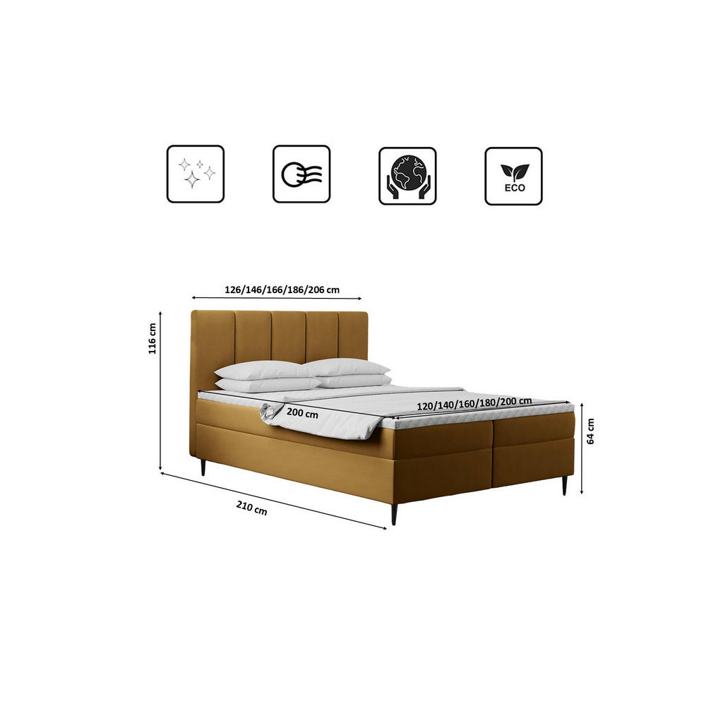 Thumbnail - Kaiser Möbel Boxbett, Gelb, Textil, H3, Höhe ca. 20 cm, einzeln stellbar, eckig, 160x200 cm, Schlafzimmer, Betten, Boxsp...