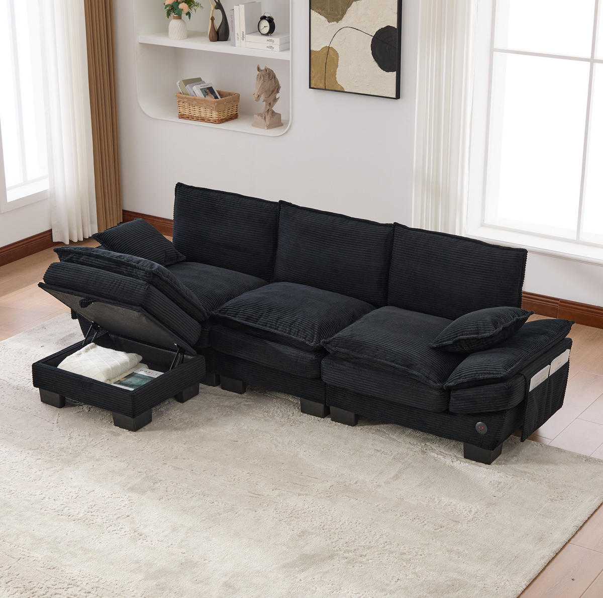 SOFA modulares 3-Sitzer mit Hocker 260 x 132 cm Corduroy Schwarz - Schwarz, Kunststoff (132/260.1cm) - Meubliv
