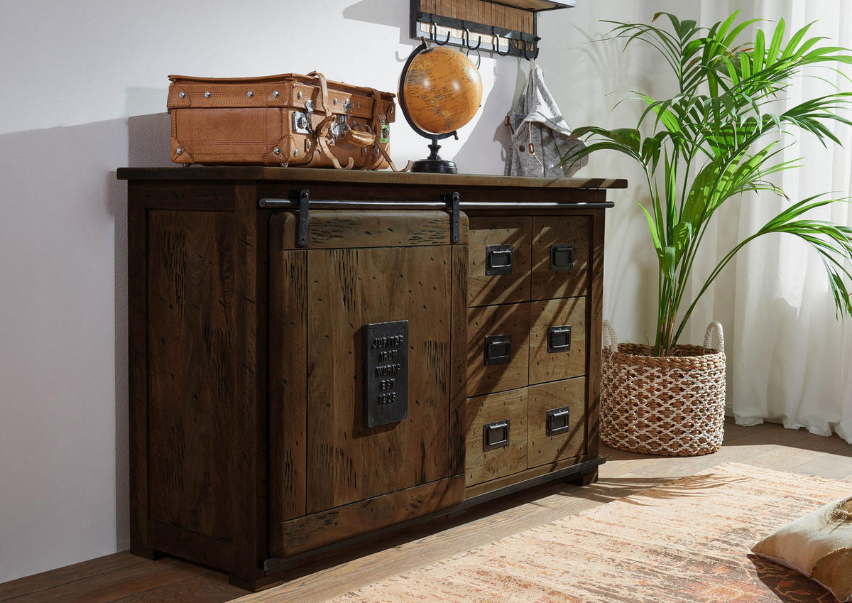 SIDEBOARD Mango 140x45x85 braun lackiert RAILWAY #421 - Braun, Holz (140/85/45cm) - Massivmoebel24