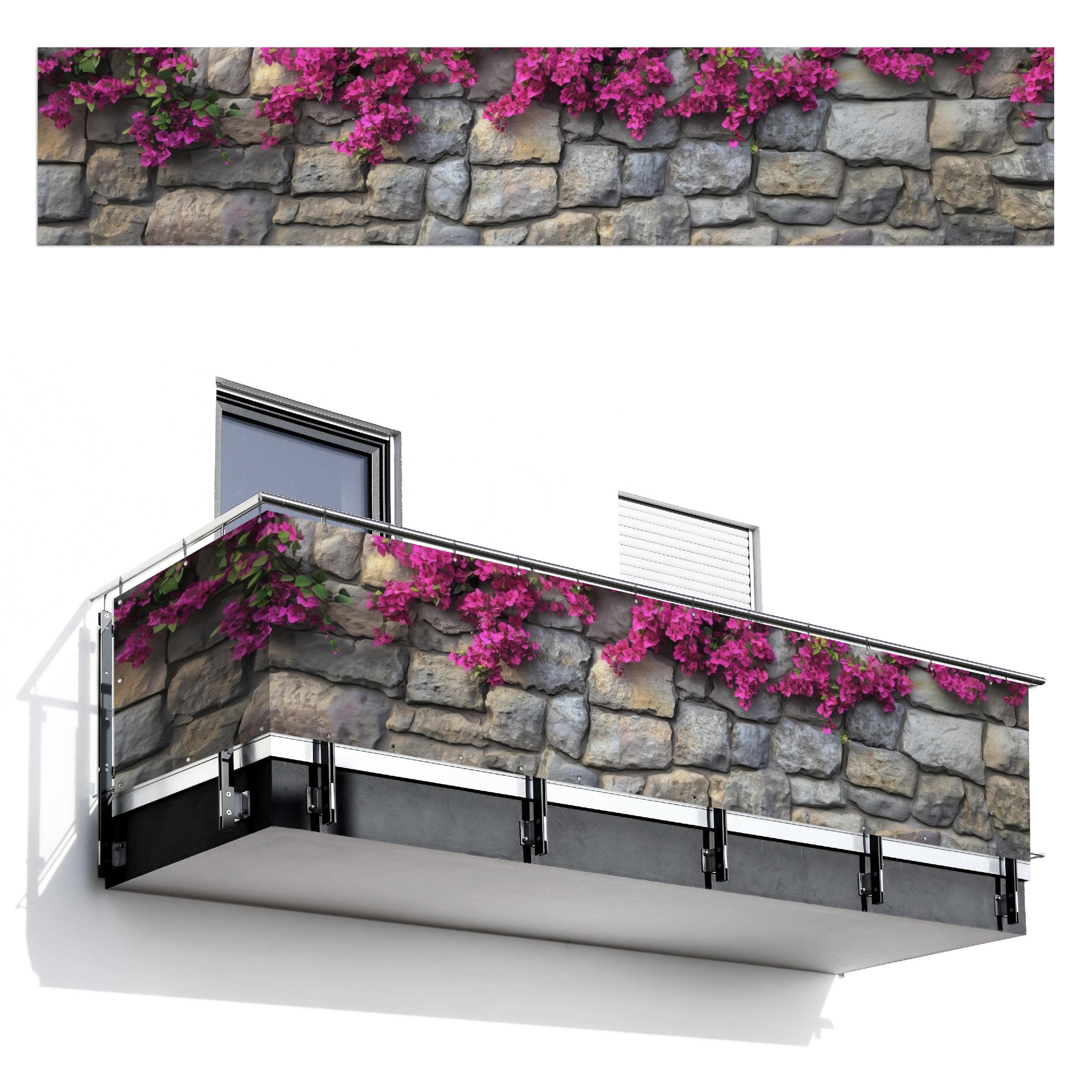 BALKON-SICHTSCHUTZ Bougainvillea - Steinmauer - Rosa - Magenta, Kunststoff (500/100cm) - MuchoWow