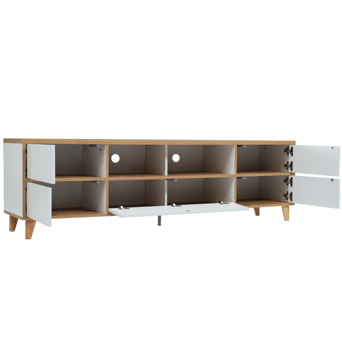 TV-LOWBOARD aus MDF 175x37x51 cm Weiß und Holzfarben mit 4 Türen, offenen Fächern und Holzfüßen - Naturfarben, Holzwerkstoff (175/51/37cm) - Modfu