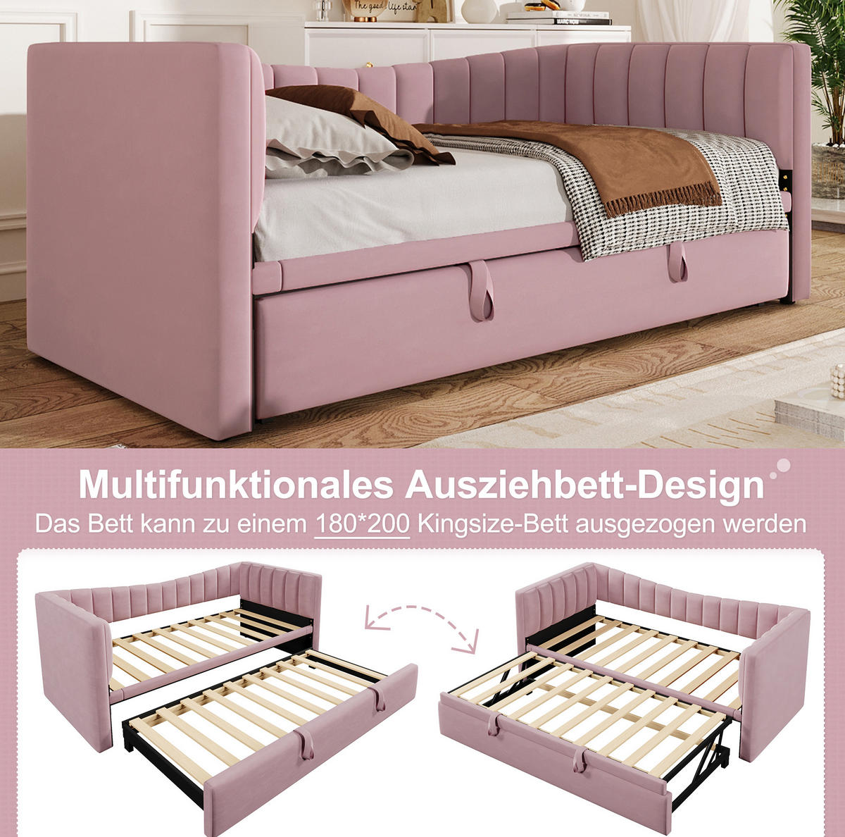 SAMT-POLSTERBETT 90/200 cm mit Ziehbett in Rosa - Rosa, Textil (180/200cm) - BEAOK