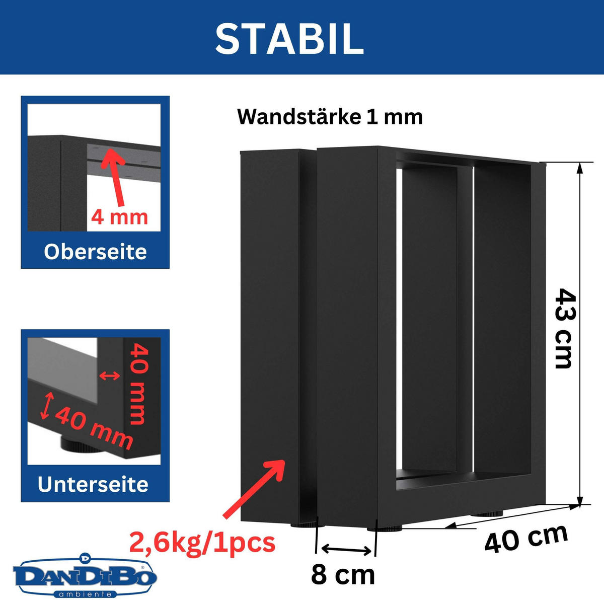 BANKGESTELL Metall Schwarz Set 43 x 40 cm Bank Füße Bankbeine Bankkufen Couchtisch - Schwarz, Metall (8/43/40cm) - DanDiBo