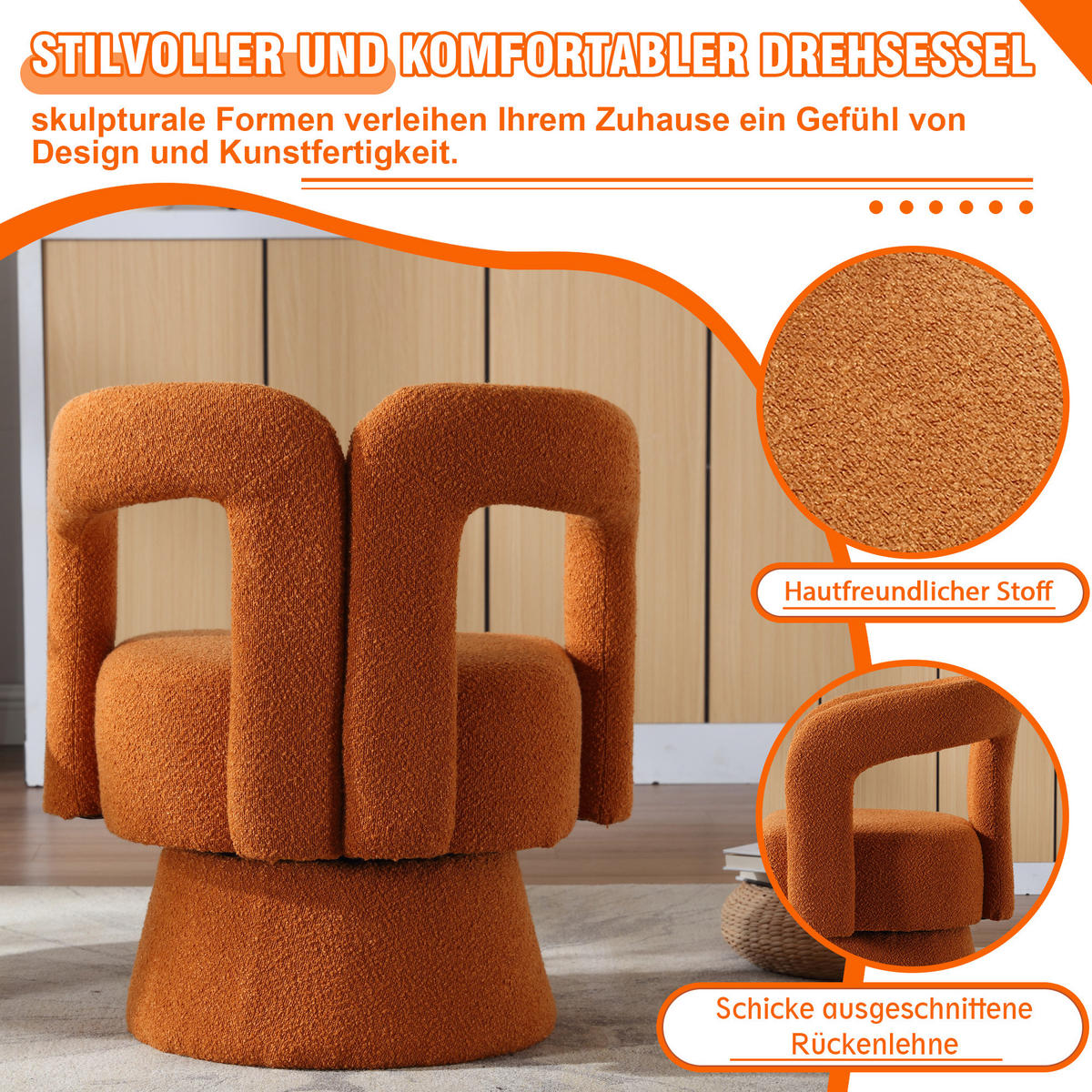DREHSESSEL 360° Boucle Akzentstuhl Polstersessel für Wohnzimmer & Büro - Orange, Textil (67/74/55cm) - Urban Meuble