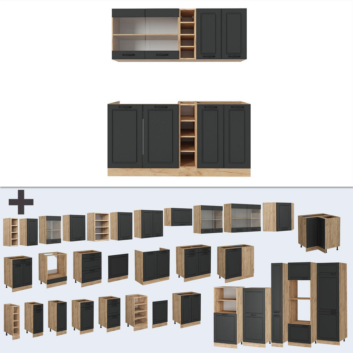 SINGLEKÜCHE R-Line Anthrazit Landhaus/Goldkraft Eiche 160 cm ohne Arbeitsplatte - Dunkelgrau/Anthrazit, Holzwerkstoff (160/81.6/46cm) - Vicco