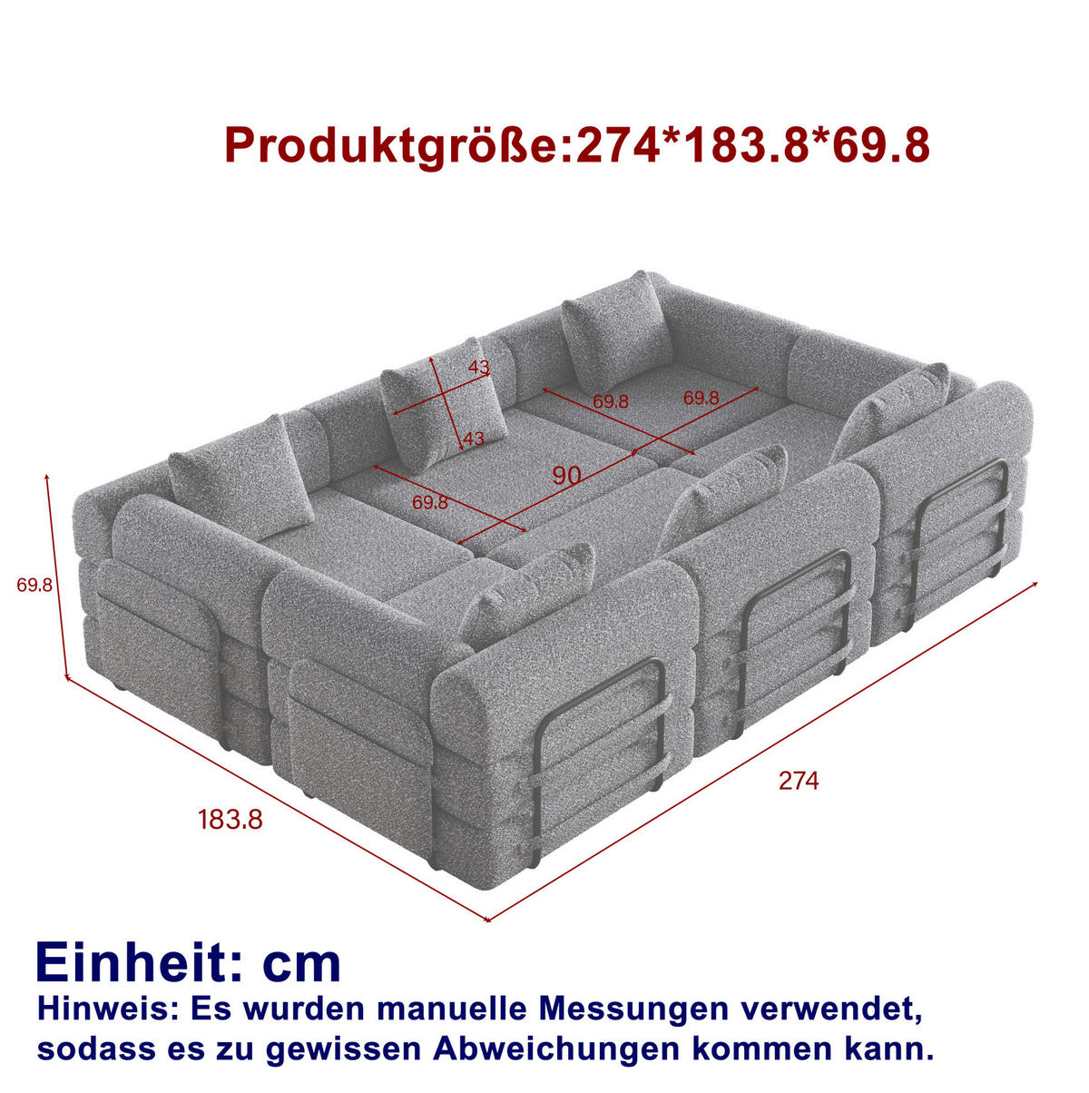 SCHLAFSOFA aus Chenille Grau 2-in-1 mit Armlehnen-Staufach und flexibler Modulgestaltung - Grau, Textil (183.8/69.8/274cm) - Modfu