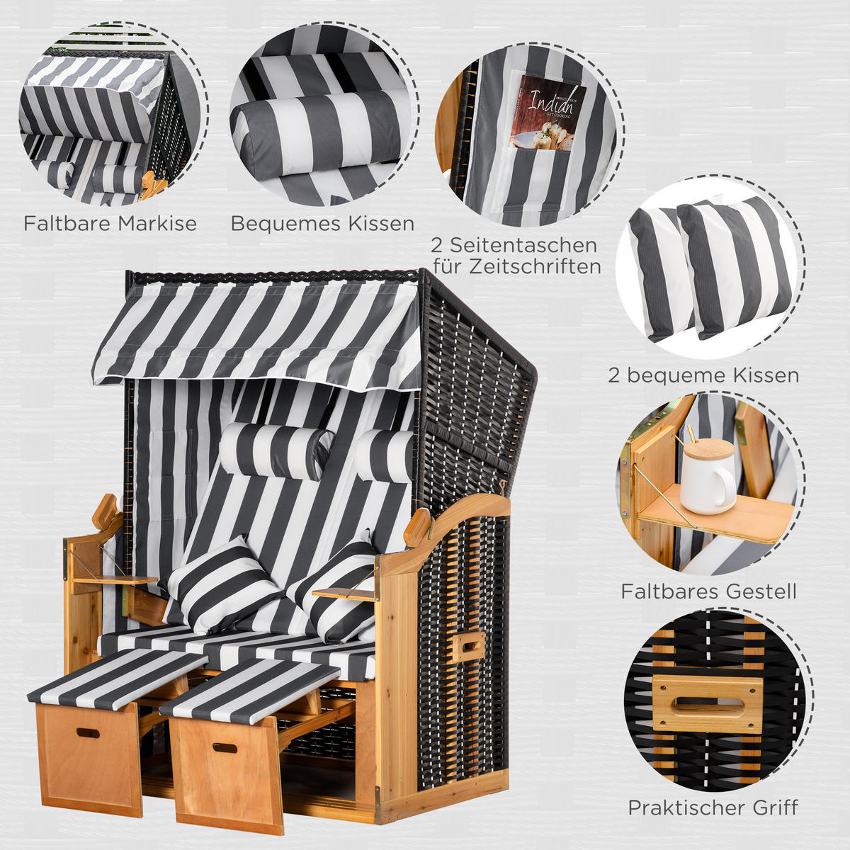 DOPPELTE Sonnenliege mit Dach 5-stufige Rückenlehne PE-Rattan Grau+Weiß 118 x 79 x 160 cm - Grau, Kunststoff (79/160/118cm) - Outsunny