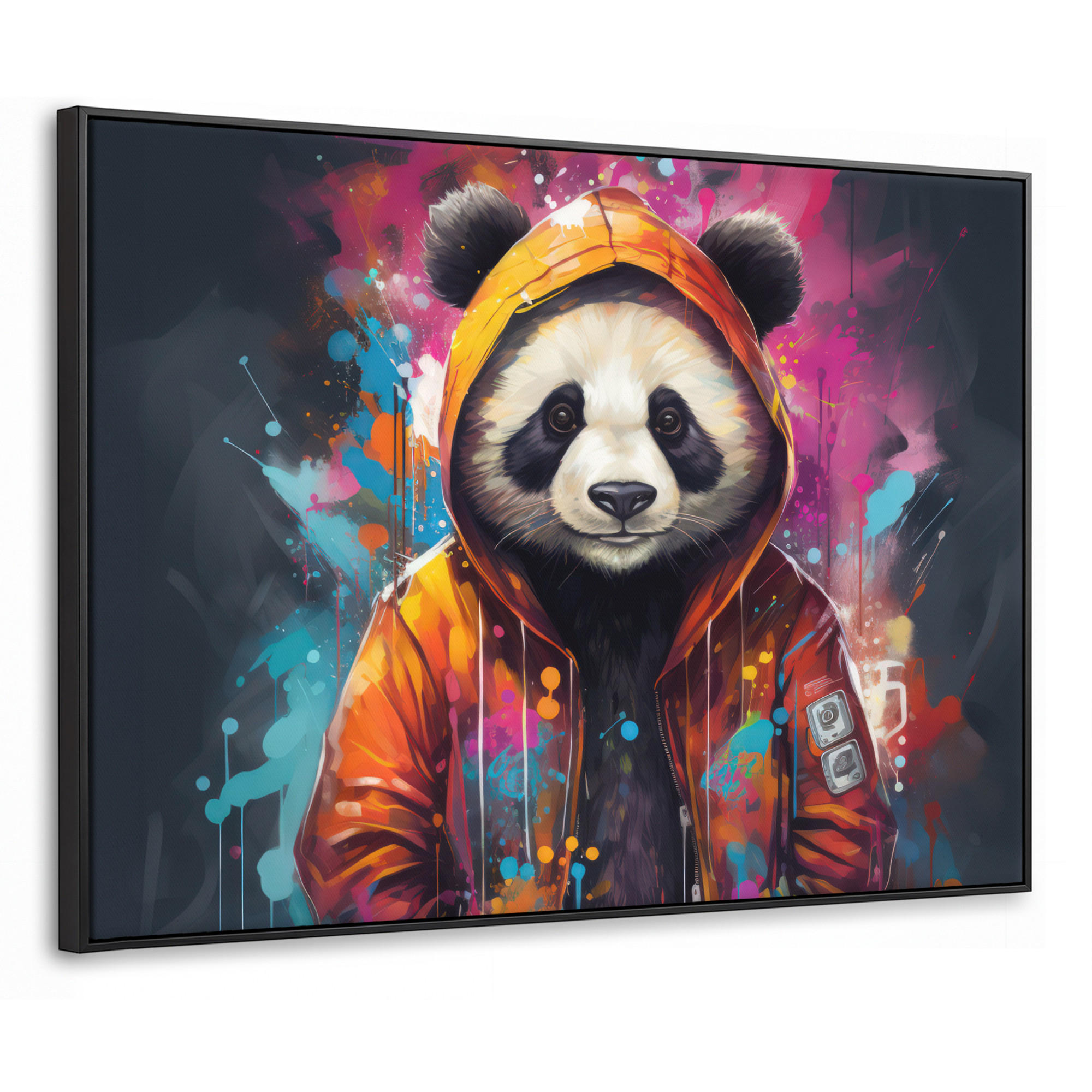 LEINWAND Bilder mit Rahmen - Panda - Jacke - Graffiti - Orange - 80x60 - Orange, Textil (80/60cm) - MuchoWow