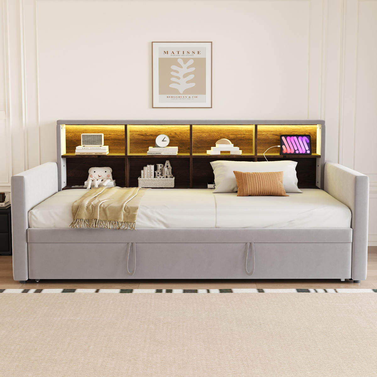 POLSTERBETT 90/190 cm aus Samt mit Ausziehbett, LED und Kopfteil-Staufächern Hellgrau - Hellgrau, Textil (90/190cm) - Modenvie