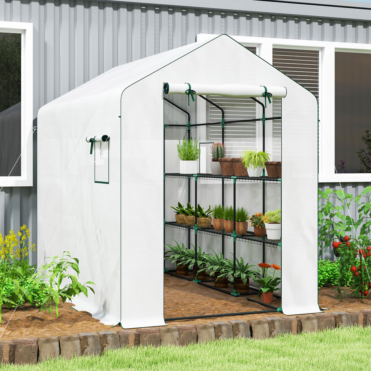GEWÄCHSHAUS DE-12003 3 m² mit 3 Etagen & verstärkter PE-Bache Grün - Weiß, Kunststoff (215/190/143cm) - ComfortXL