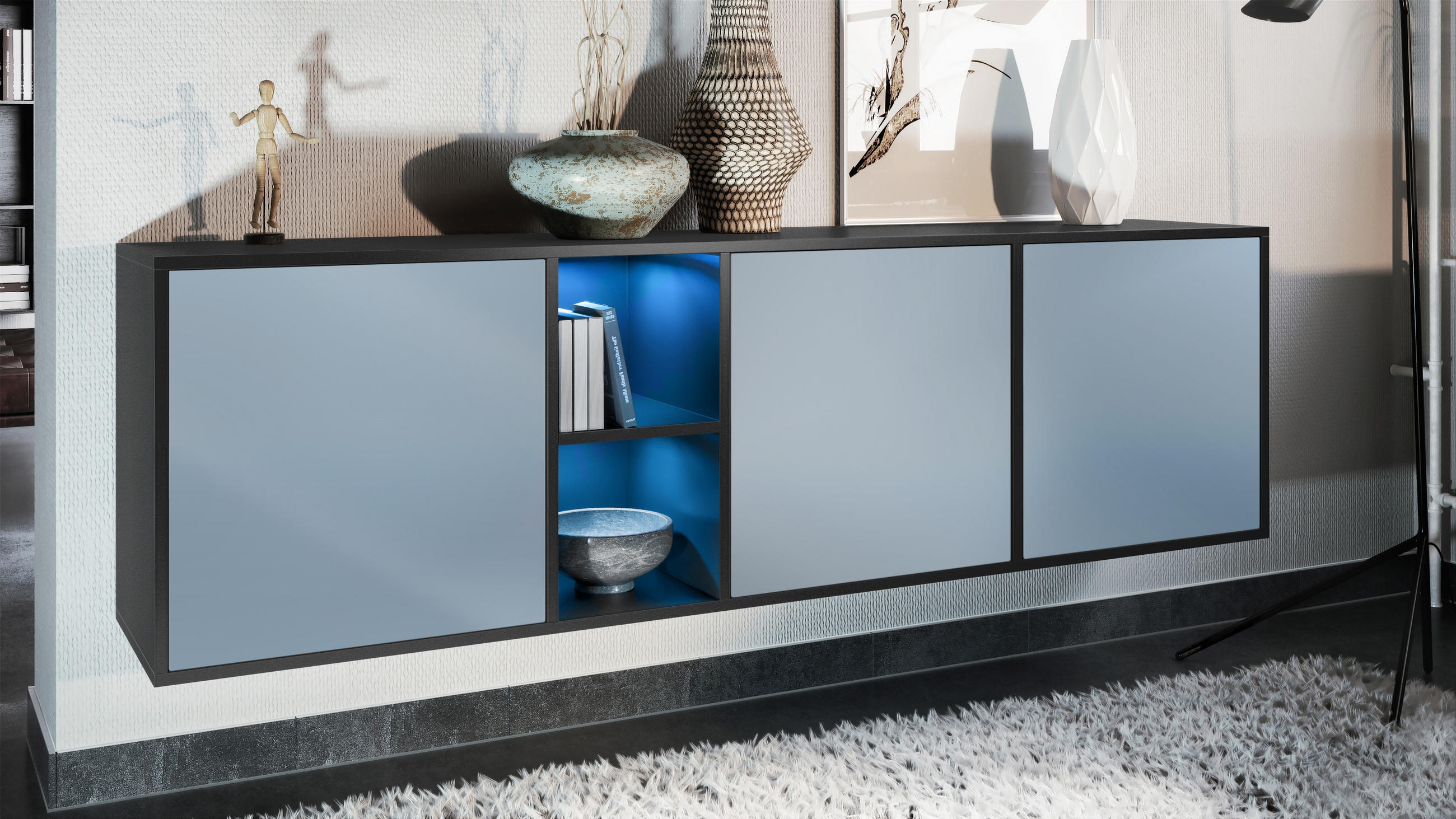 SIDEBOARD Cuba Türen in Denim - Pastellblau, Holzwerkstoff (182/53/35cm) - Vladon