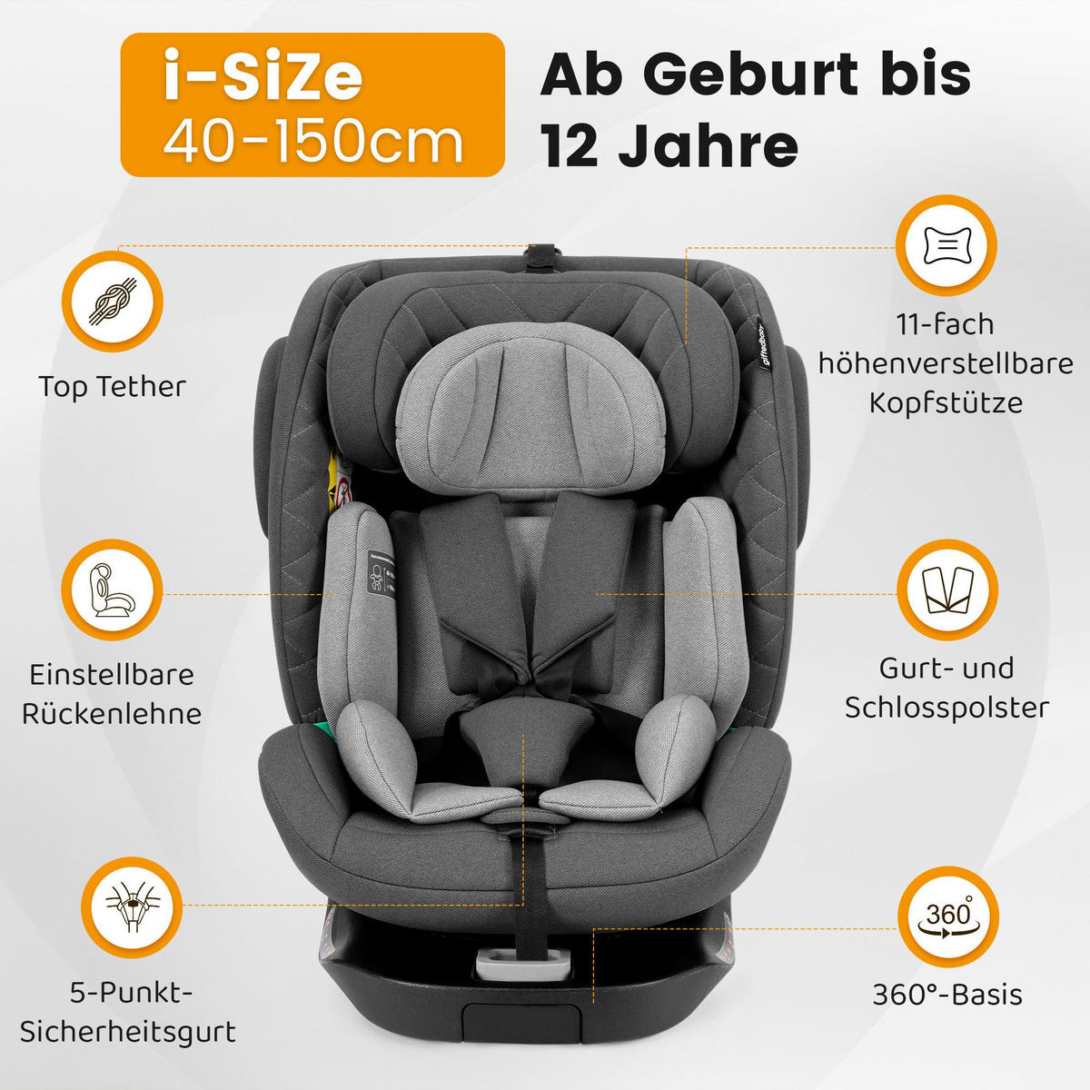 AUTOKINDERSITZ 360° Drehbarer i-Size Kindersitz mit ISOFIX, 40-150 cm - Grau, Textil (51/80/57cm) - BEXEVUE